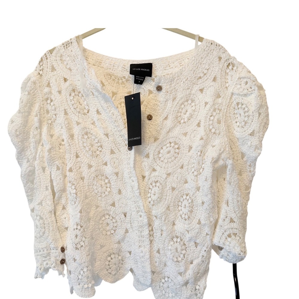 LIV LOS ANGELES White Crochet Cardigan Top Puff Sleeve Boho Medallion M cardigan